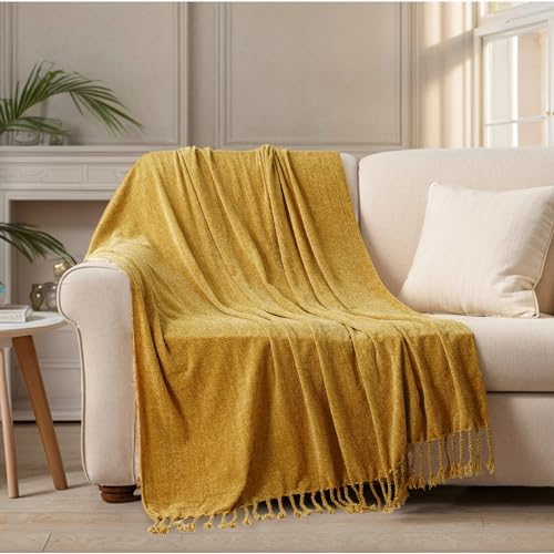 BATTILO HOME Yellow Chenille Throw Blanket for Couch, Decorative Fringe Velvety Mustard Yellow Throw Blanket for Sofa Home Decor, 130×150cm