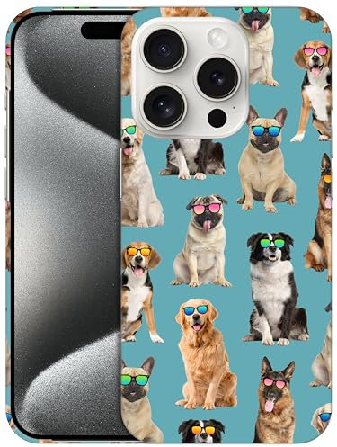 GlamCase for iPhone 15 Pro, iPhone 15 Pro Case - Dog Pattern With Sunglasses Teal Design Printed Sleek Cute Plastic Hard Snap on Protective Designer Back Phone Case/Cover for iPhone 15 Pro