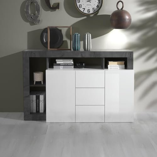 Mobilier-Deco Ronica - Buffet 2 Portes 3 tiroirs Gris et Blanc