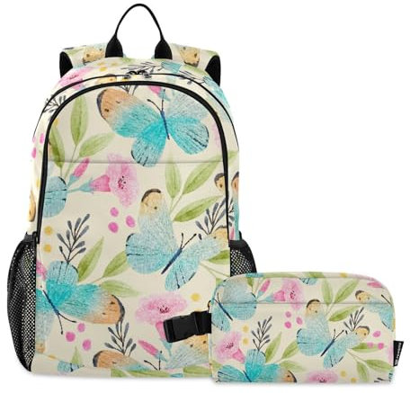 WDdZzyy Rucksack und Lunchbox für Jungen, Vintage-Stil, Blume, Schmetterling, Beige, Schulrucksäcke für Mädchen, mit Lunchbox, Jungen, Schultaschen 7–10, Vintage Blume Schmetterling Beige, 1 size