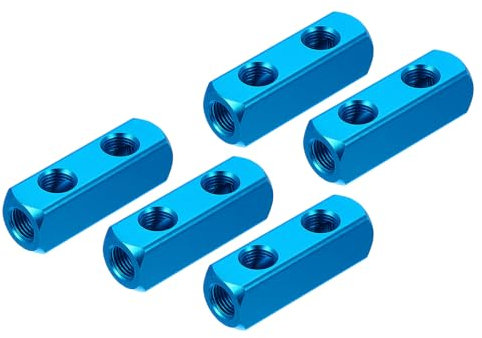 PATIKIL Air Manifold, 5 Pcs 2 Way 5 Port PT 1/4 Aluminum Air Hose Inline Manifold Block Splitter Pneumatic Air Compressor Distribution Fitting, Blue
