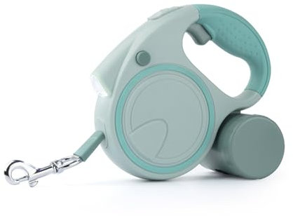 Einziehbare Hundeleine mit LED, ausziehbar für kleine und mittelgroße Hunde bis 25 kg, rutschfester Griff & abnehmbarer Kotbeutelhalter (Grün)