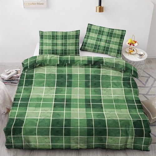ZyxMehtic Housse de Couette 90x190 Carreaux Verts - Parure de Lit 1 Personne Rétro Vert Housse Couette en Microfibre Douce avec Fermeture Éclair avec 1 Taie d'oreiller 65x65 cm