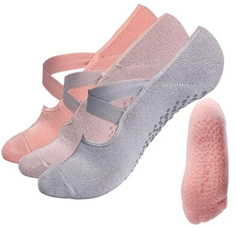Maxqzin 3 Paar Pilates Socken, Yoga Socken Rutschfeste Socken Damen mit Kreuzgurten Yoga Zubehör Yoga Socken Damen Universelle Größe Pilates Socks für Yoga Ballet Pilates
