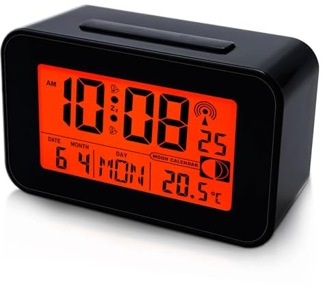 Réveil numérique, radio-piloté, réveil numérique avec deux alarmes, écran LCD, réveil radio-piloté numérique avec heure/date/jour de la semaine/température/image de lune/snooze, sans pile (noir)