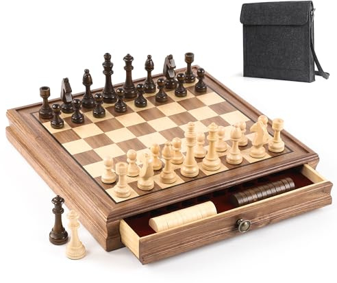 Premium Natural Walnut 13 x 13 Magnetic Wooden Chess Set with 1 Built-in Storage Drawers - 24 Checkers Pieces - Staunton Chess Pieces, Board Games