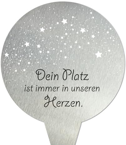 younikat Grabstecker aus Edelstahl I Grabschmuck Rund 16 cm Deko I Spruch - Dein Platz ist immer in unseren Herzen I you0079