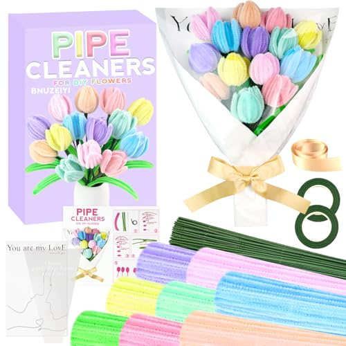 Pfeifenreiniger Blumen Set Bastelset Kinder 8 Farben Pfeifenputzer zum Basteln Blumen Chenilledraht DIY Bastelset für Mädchen und Erwachsene Festival Dekoration Spielzeug Geschenke, Tulpe Blumenstrauß