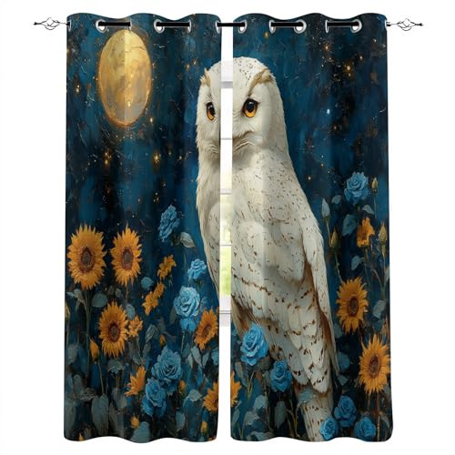 Generico Tende Oscuranti per Interni Gufo Camera da Letto 2 Pezzi Fiori Di Gufo Nel Cielo Stellato Tenda Oscurante da Interno Coprenti Termiche con Anelli per Soggiorno Salotto, L75 x A166 cm