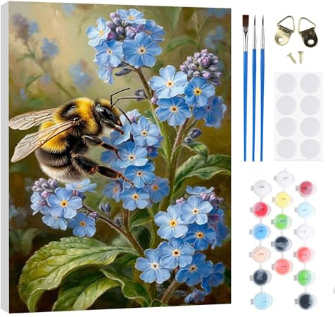 RICUVED DIY Flowers Paint by Numbers Kit for Adults–Bee Paint by Numbers Oil Painting with Wooden Framed,Easy to Paint Kits with Brushes Acrylic Pigment Drawing Paintwork for Decor 20x30 cm