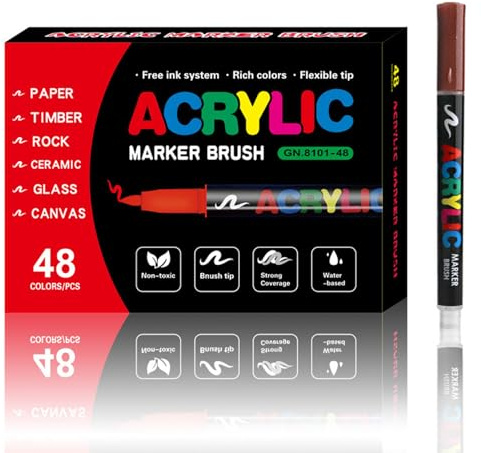 Marqueurs de peinture acrylique 48 couleurs stylos de peinture à pointe pinceau doux marqueurs acryliques pour, tissu, bois, céramique, pierre, verre, toile