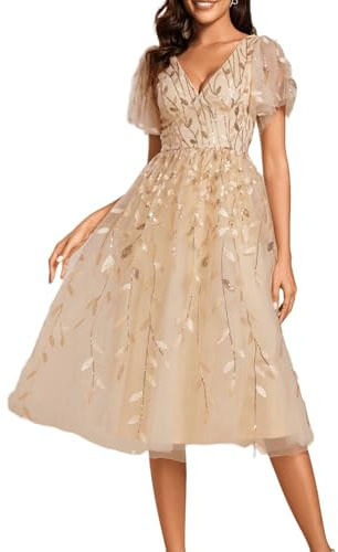 Ever-Pretty Cocktailkleid Damen Pailletten Abendkleider Elegant für Hochzeit Midi Abschlusskleid EG02230-CO