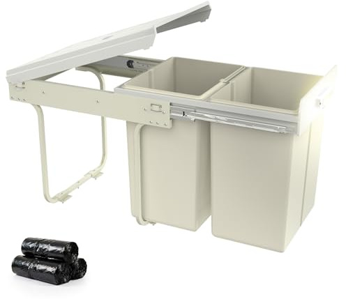 Soontrans Mülleimer Küche Unterschrank, Einbaumülleimer Küche mit 2x 20L Ausziehbarer Abfalleimer, Teleskopschienen, Mülleimer unter Spüle, Stahl und Kunststoff, Abfallsammler Mülltrennsystem(Weiß)