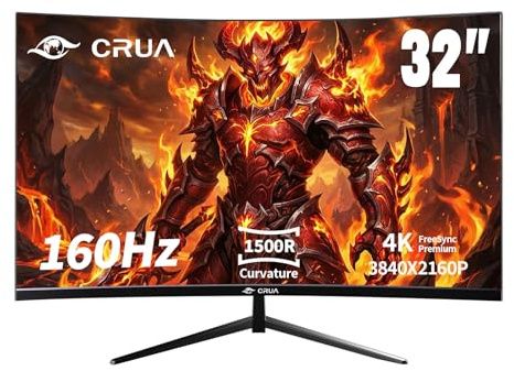 CRUA 32 Inch 4K UHD Gaming Monitor 160Hz, 3840x2160 IPS Display, 1ms MPRT, FreeSync & G-SYNC Compatible, HDMI 2.1 & DisplayPort, HDR, Eye Care, VESA Mountable, PS5 & PC Monitor