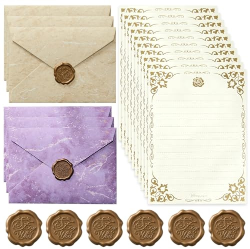 Writing Paper and Envelopes Set, Gold Foil Embossed Texture Paper – Envelopes with Wax Seal Stickers, Beautiful A5 Writing Paper, Fancy Letter Paper for Invitations & Love Letters (Lavender+Beige)