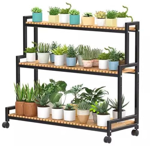 3-Tier Bamboo Plant Stand with Metal e - Indoor Outdoor Ladder Shelf for Multiple Plants, Flower Holders for Garden, Patio, Living Room, Balcony, Bedroom - 120cm Black