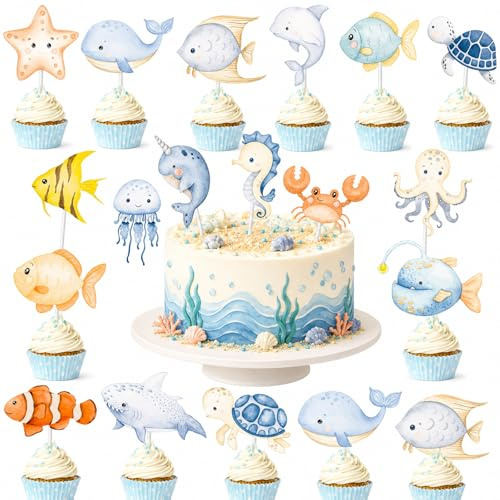 Ovanda 36 Stück Meerestiere Cupcake Topper, Meerestiere Cupcake Topper aus Papier, Fisch Deko für Unterwasserwelt Kindergeburtstag, Meerjungfrau Kuchen Deko Geburtstag Taufe Baby Shower