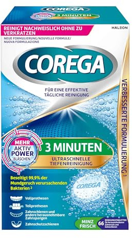 Corega Pastillas de 3 minutos para dentaduras completas y parciales, retenedores y alineadores, guías de protección bucal y otros aparatos extraíbles, 1 x 66 unidades.