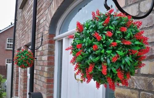 Best Artificial Pair of 28cm Lush Red Long Leaf Lavender Hanging Flower Balls Topiary Grass **UV Fade Protected**