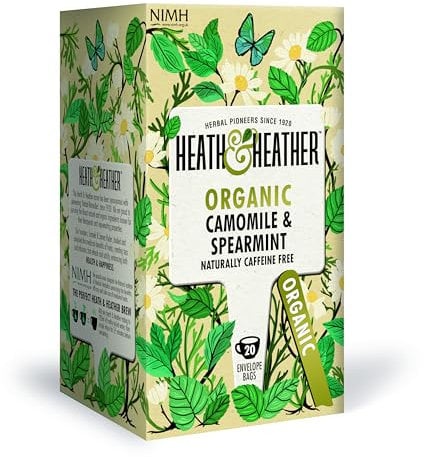 Heath & Heather Organic Camomile and Spearmint Teabags | Individually Wrapped Caffeine-Free Herbal Tea Infusion | 1 Pack of 20, Total 20 Teabags