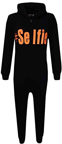 A2Z 4 Kids Girls Onesie #Selfie Hooded Soft Feel Fluffy Cozy Loungewear Comfortable - Cotton Onesie #Selfie Black Orange 9-10