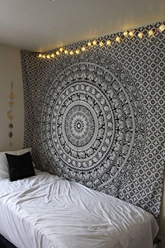 Popular Handicrafts Schwarz und Weiß Hippie Tapisserie Mandala Collage Schlafsaal Strand Überwurf Wandkunst Bohemian Wandbehang Boho Tagesdecke (voll (215 cm x 230 cm), schwarz & weiß)