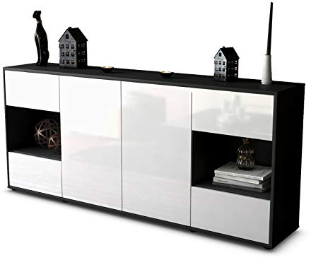 Stil.Zeit Sideboard Gaia, Korpus anthrazit matt, Front Hochglanz Weiß (180x79x35cm) Push-to-Open Technik & Leichtlaufschienen