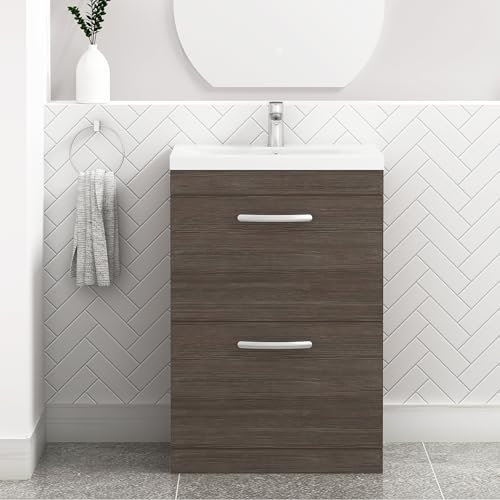 600mm Floor Standing Bathroom Vanity Unit Mid Edge Basin 2 Drawers Storage Cabinet Furniture - Grey Elm