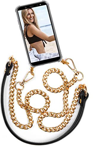 OneFlow Premium mobile phone chain compatible with iPhone 7 Plus/iPhone 8 Plus | Mobile phone case with lanyard to wear Silicone case + metal chain Necklace Interchangeable, Schwarz Gold