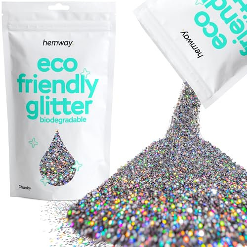 Hemway Eco Friendly Biodegradable Glitter - Gun Metal Grey Holographic | 100g Chunky Plant-Based Metallic Flakes for Arts & Resin Crafts | Bio Supplies for Festival, Hair, Face, Body & Nail Art