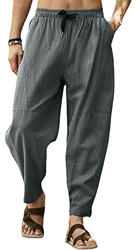 Mens Baggy Cotton Trousers Smart Casual Summer Lightweight Comfy Drawstring Loose Fit Wide Leg Harem Pants with Pocket for Yoga Beach Lounge Hippy-Grey-XL