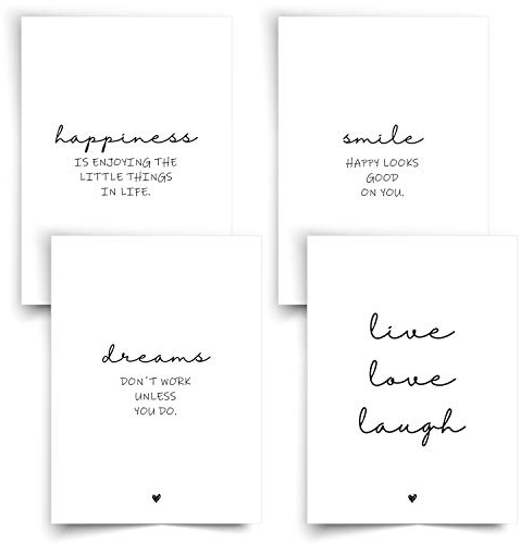 Donari® Poster Set Schwarz-Weiß 21x30 Kunstdruck Happiness • Wandbilder Deko Wohnzimmer Smile • Wanddekoration Wohnzimmer • Bilder mit Sprüchen