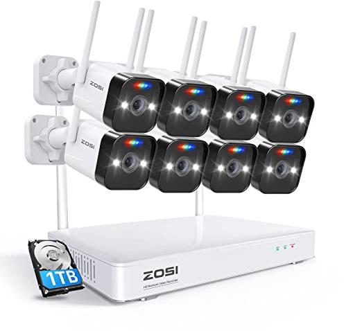 ZOSI 2K WLAN Überwachungskamera Set Aussen mit 1TB Festplatte, 8X 3MP WiFi IP Kameras, KI Personenerkennung, Zwei-Wege-Audio, Weißlicht und Sirene Alarm, C188