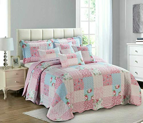 Householdfurnishing 3 Piece Printed Patchwork Bedspread Quilted Bed Throw Comforter with Pillow Shams (Floral Pink, Single)