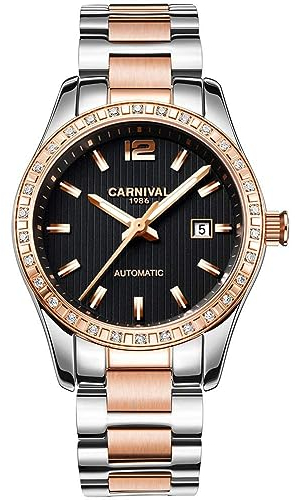 Reginald Automatikuhr Mode Frauen Analog Uhr Edelstahlband Wasserdicht Frauen Automatische Mechanische Uhr, Rosa / Schwarz, Sport und Freizeit