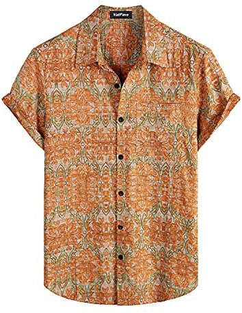 VATPAVE Mens Front Pocket Hawaiian Flower Shirts Casual Short Sleeve Button Down Beach Shirts Large Orange Aloha