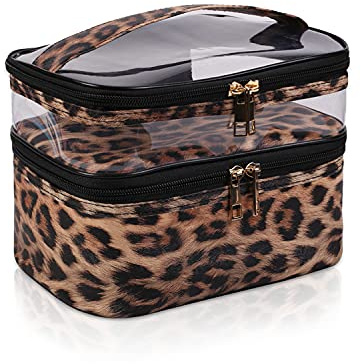 imerelez Double-layer Cosmetic Bag Makeup Bag Travel Makeup Bag Makeup Bags for Women Cosmetics Cases Portable Waterproof Foldable (Leopard)