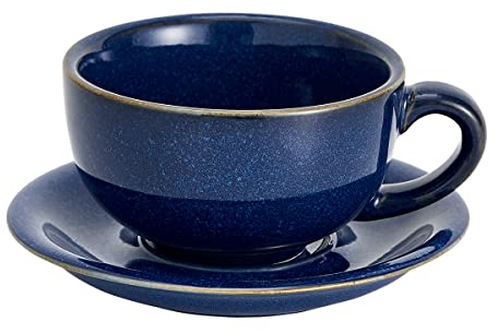 Coffeezone Vintage Design 12 oz Ceramic Latte Art Cappuccino Barista Cup with Saucer (Dark Blue)
