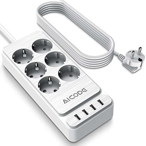 AICODE 6-Fach Steckdosenleiste mit 4 USB, Steckdosenleiste mit Schalter und Überspannungsschutz, Wandbefestigung, 2m Verlängerungskabel, 10A, 2500W, weiß