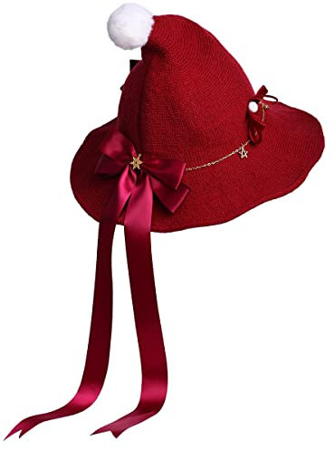 COSDREAMER Damen Hexenhut Wolle Strickmütze für Halloween Weihnachten Kostüm Party Wollstrickmütze (rot &Weiß)
