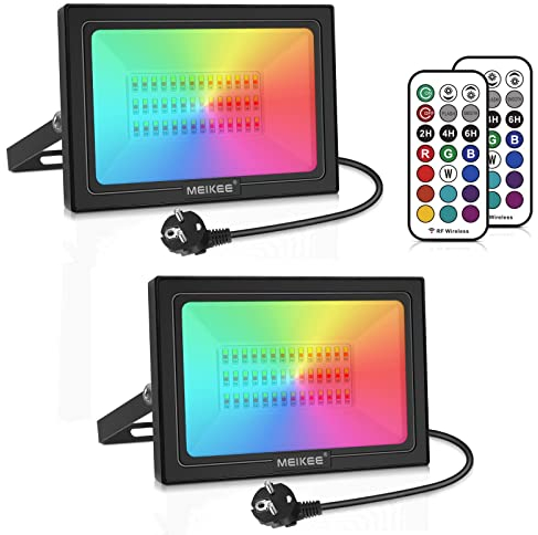 MEIKEE 60W RGB Strahler Mit Fernbedienung 30 Modi 10 Farben Timer RGB Fluter IP66 Wasserdicht 6 Helligkeitsstufen Scheinwerfer Bunt Weihnachten Halloween Party LED Strahler Farbe Dekorative, 2 Stücke