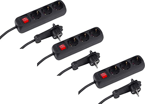 Meister Steckdosenleiste 3-fach - 3er Set - 2 m Kabel - schwarz - Extraflacher Stecker und beleuchteter Schalter - IP20 / Mehrfachsteckdose / Tischsteckdose / Steckerleiste mit Flachstecker / 7430580