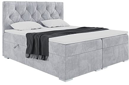 MEBLINI Boxspringbett mit Bettkasten - Gepolstert Doppelbett mit Matratze und Topper - Polsterbett mit Stauraum - Bett mit Kopfteil - Stauraumbett - Roma - 120x200 - H4/Hellgrau Samt