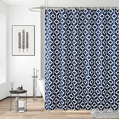 Trimming Shop Rideau de Douche en Tissu Polyester résistant à la moisissure avec 12 Crochets de Rideau imperméables 180 cm x 180 cm de Long Rideau de Douche géométrique Bleu Marine et Bleu Sarcelle
