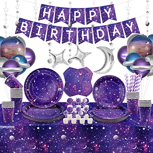 Space Galaxy Partygeschirr Set, Enthält Happy Birthday Banner, Teller, Servietten, Tassen, Tischdecke,Folienballons, Weltraum Deko für kindergeburtstag Planeten 20 Gäste
