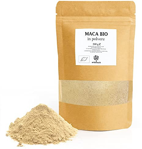 ERBOTECH, Peruanischer Maca BIO Pulver, 200 g Beutel, Reich an Mineralien, Vitamin B, Vitamin C, Vitamin E, Glutenfrei, Geeignet für Vegetarier und Veganer