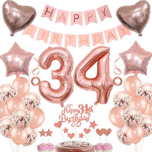 34th Birthday Decoration Woman – Cake, Gift, Rose Gold Balloons – 34 Years Anniversary