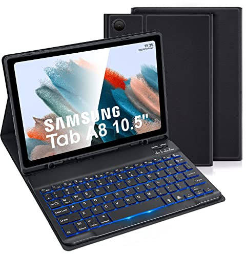LAMA Funda Retroiluminada Español Ñ para Samsung Galaxy Tab A8 con Teclado y Soporte para Bolígrafo S Integrado para Samsung Tab A8 de 10,5 Pulgadas 2021 (SM-X200/X205/X207), Teclado Desmontable