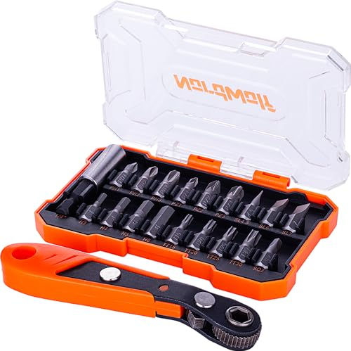 NordWolf 20-Piece Low Profile 19mm Screwdriver Bit Set with Mini Reversible Ratchet Wrench Offset Angle at 15-Degrees for Working in Confined Spaces and Flat Surfaces