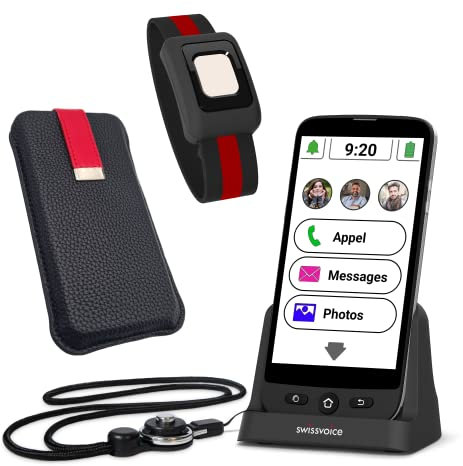 swissvoice - Smartphone S510-C + Bracciale SOS + Custodia Protettiva + Base di Ricarica + Cordino per Collo - Tasto SOS con Geolocalizzazione - Smartphone 4G per Anziani - Sbloccato - Nero/Rosso